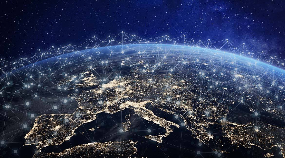 Réseau global connectant l'Europe, symbole d'innovation et de technologie.