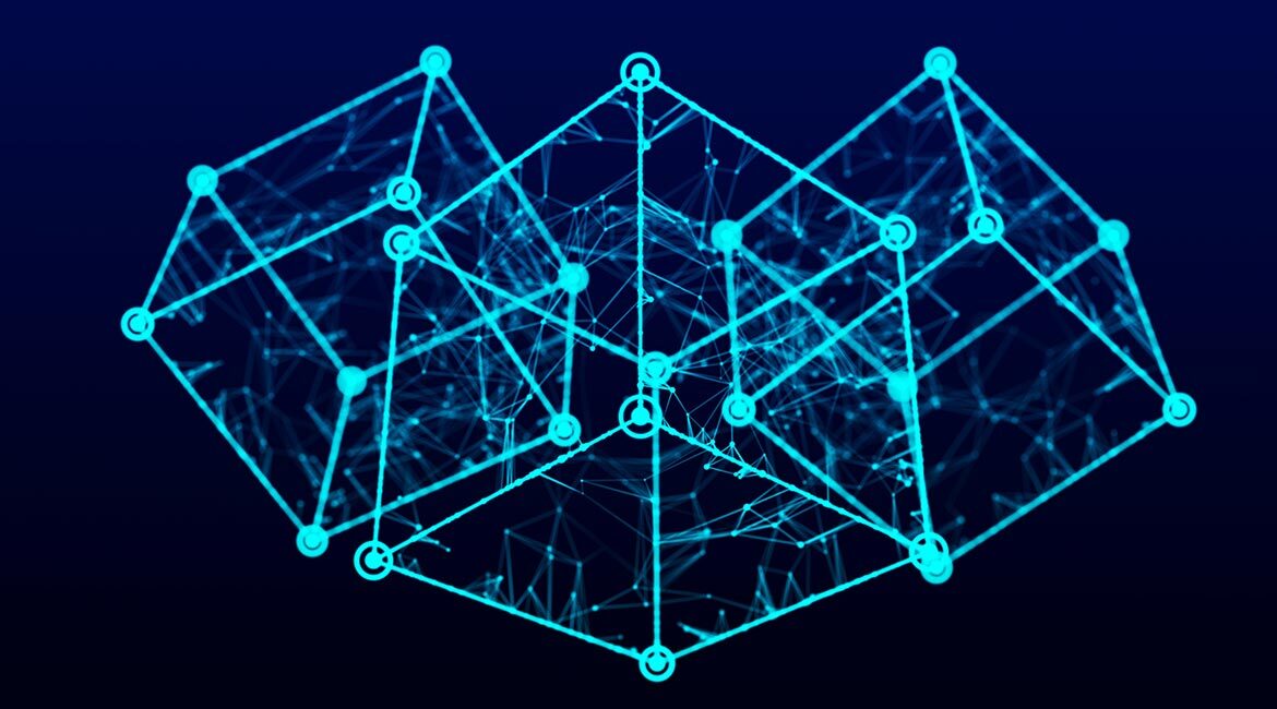 Structure 3D de connexions en réseau sur fond bleu.