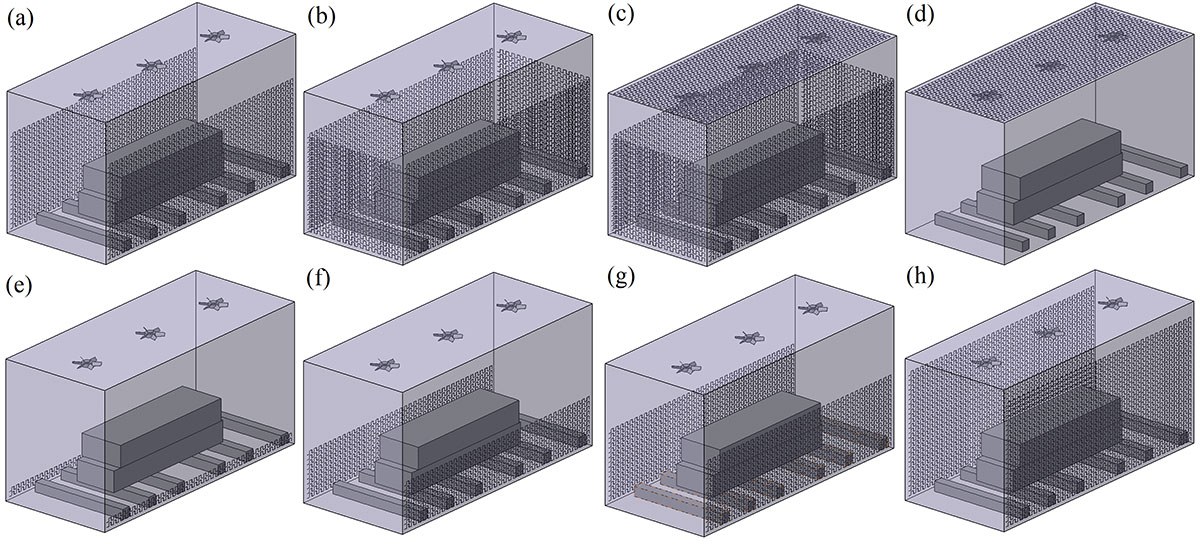 Series de modèles représentant des simulations en technologie, illustrant divers états d'un système complexe.