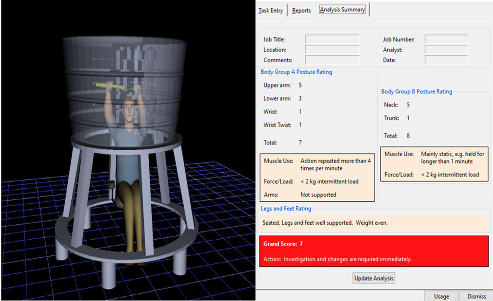 An analysis tool evaluating a user's posture during a simulated task, with scores highlighting areas needing improvement.
