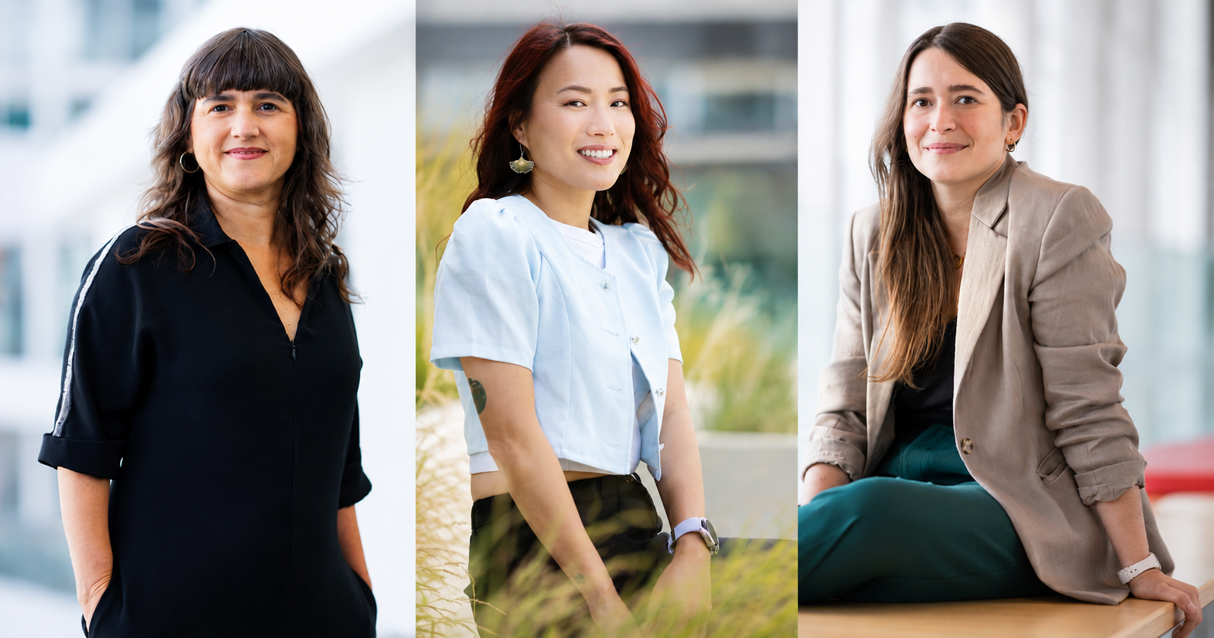 Three diverse women engaged in technology, showcasing confidence and style in a vibrant, modern academic environment.