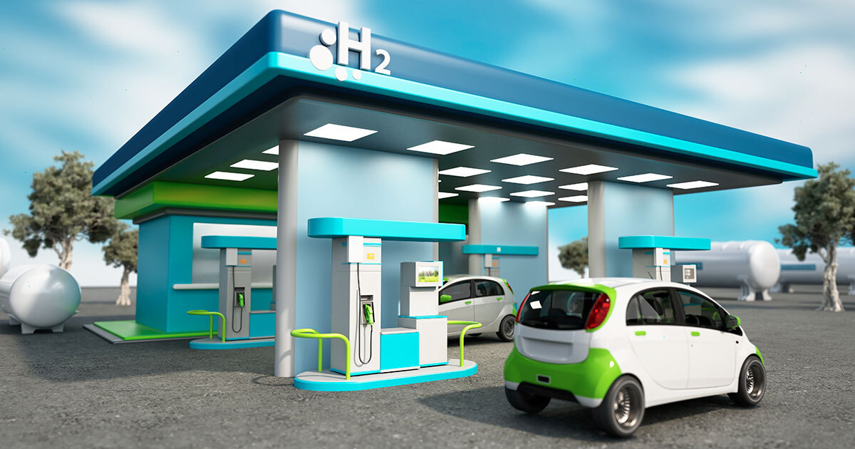 Station de recharge pour véhicules à hydrogène, illustrant l'innovation en matière de transport durable et d'énergie propre.