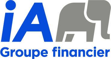 Logo d'iA Groupe financier, combinant le texte en bleu et un éléphant stylisé en gris, symbolisant stabilité et confiance.