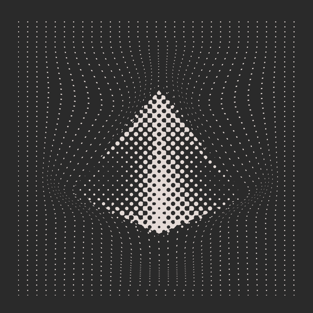 A dynamic geometric design featuring a pyramid shape, created with contrasting dots against a dark background.