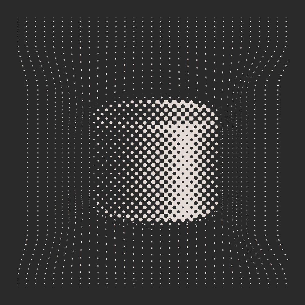 A geometric composition of white dots on a black background, creating an illusion of depth and dynamic movement.