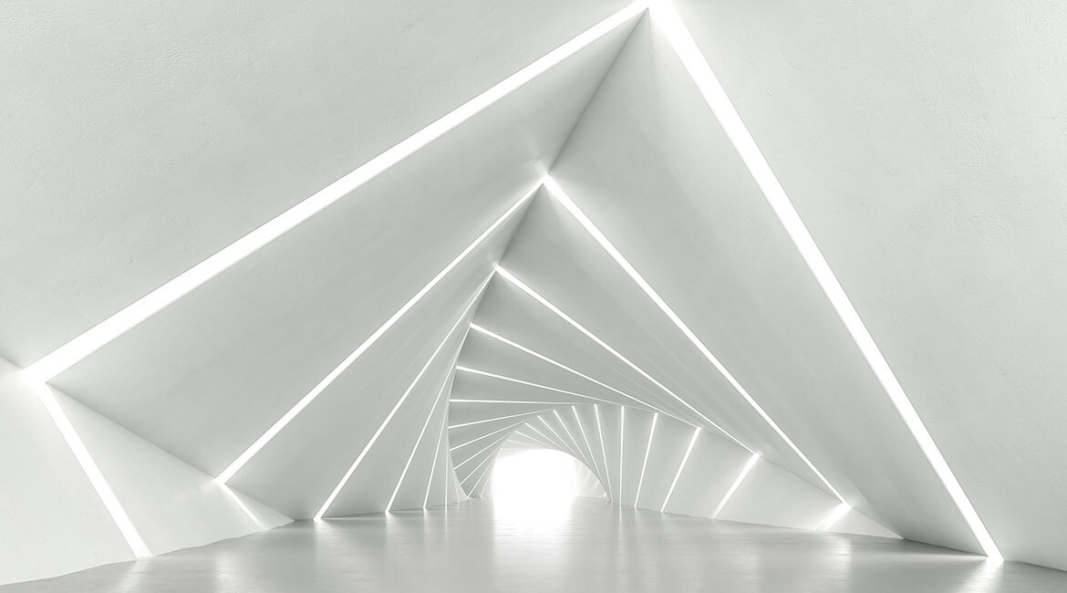 Architecture moderne et épurée avec jeux de lumière et perspectives géométriques.