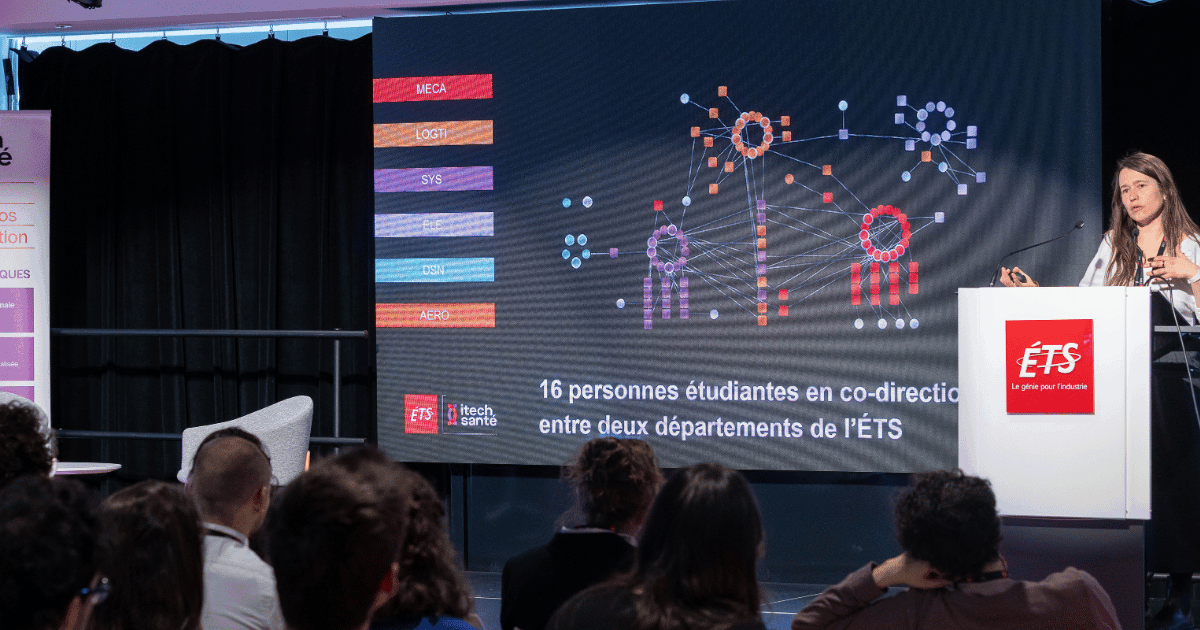 Présentation sur la collaboration entre départements, mettant en avant 16 étudiants en co-direction à l'ÉTS. Innovation et synergie au cœur!