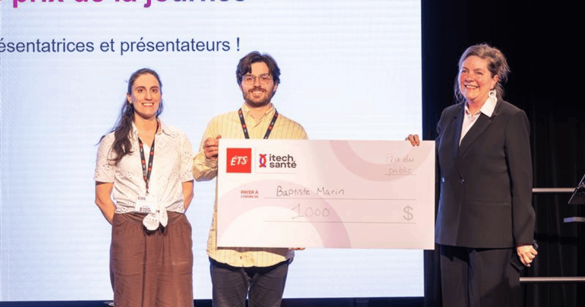 Remise du prix à Baptiste Marin lors de l'événement iTech Santé, célébrant l'innovation et les présentations étudiantes.