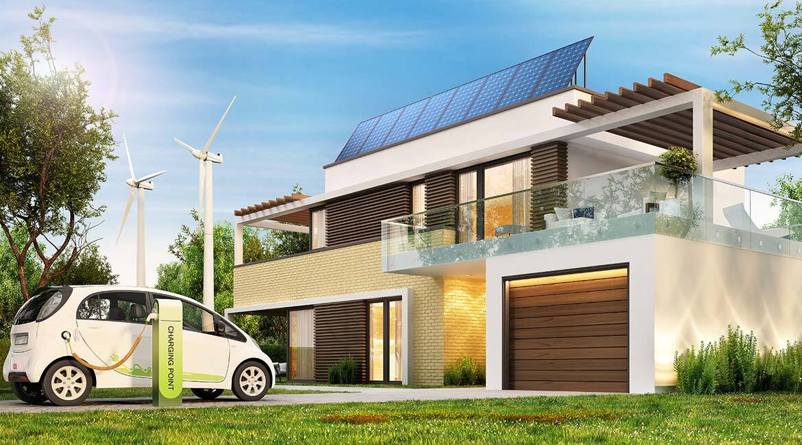 Maison durable avec panneaux solaires, éoliennes et voiture électrique.