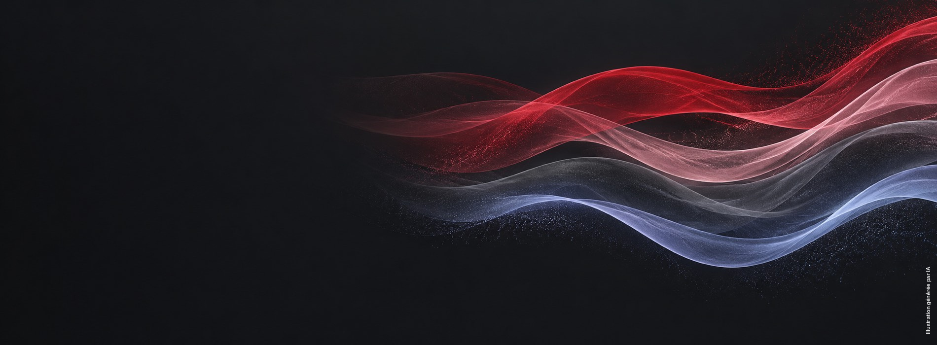 Dynamic waves of red, white, and blue flow gracefully against a dark background, symbolizing innovation and technology.