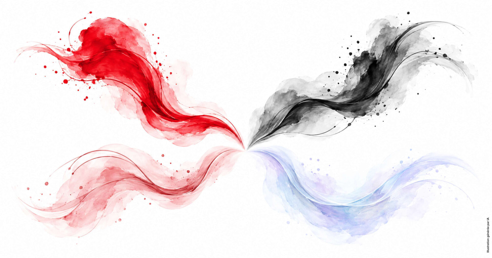 Intertwined red, black and blue ribbons.