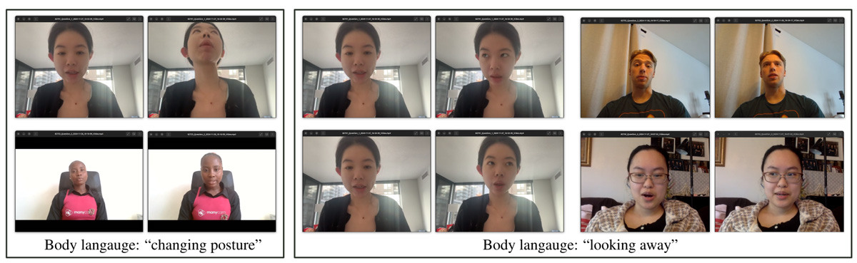 Analyse des expressions de langage corporel : changement de posture et regard détourné, illustrant des comportements non verbaux.