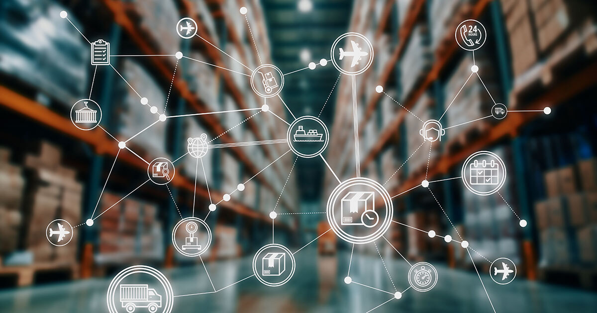 A network of logistics icons illustrating the interconnectedness of supply chain management in a warehouse setting.