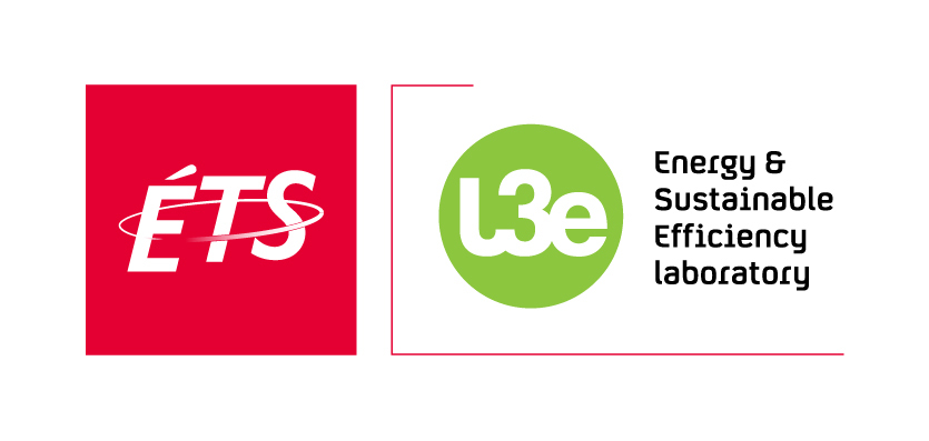 The logo of the Energy and Energy Efficiency Laboratory consists of a green circle containing the laboratory’s acronym, L3e. The logo is accompanied by the ÉTS logo, a red square featuring the school’s acronym.