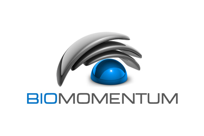 Logo de Biomomentum symbolisant l'innovation en biotechnologie avec des éléments dynamiques et modernes.