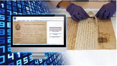 A digital interface displaying a historical document being carefully handled for preservation and research purposes.