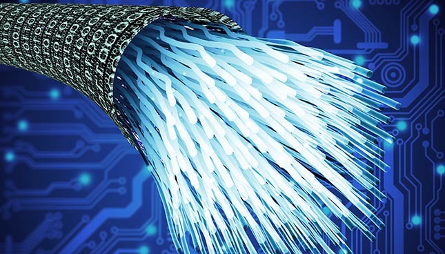 High-speed data transmission through fiber optics, technology concept.