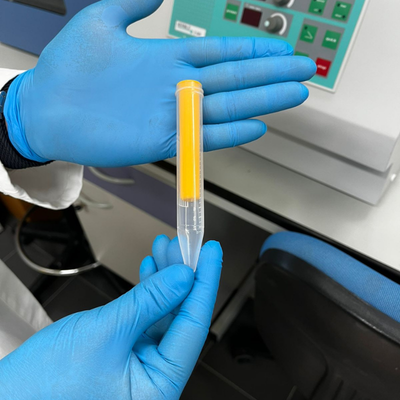 A researcher holds a centrifuge tube containing a bright yellow liquid, showcasing laboratory procedures in a technology-focused environment.