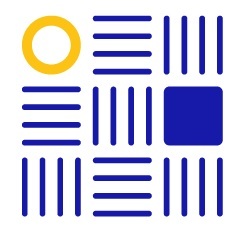 A modern design with geometric shapes in yellow and blue, symbolizing innovation and technology.