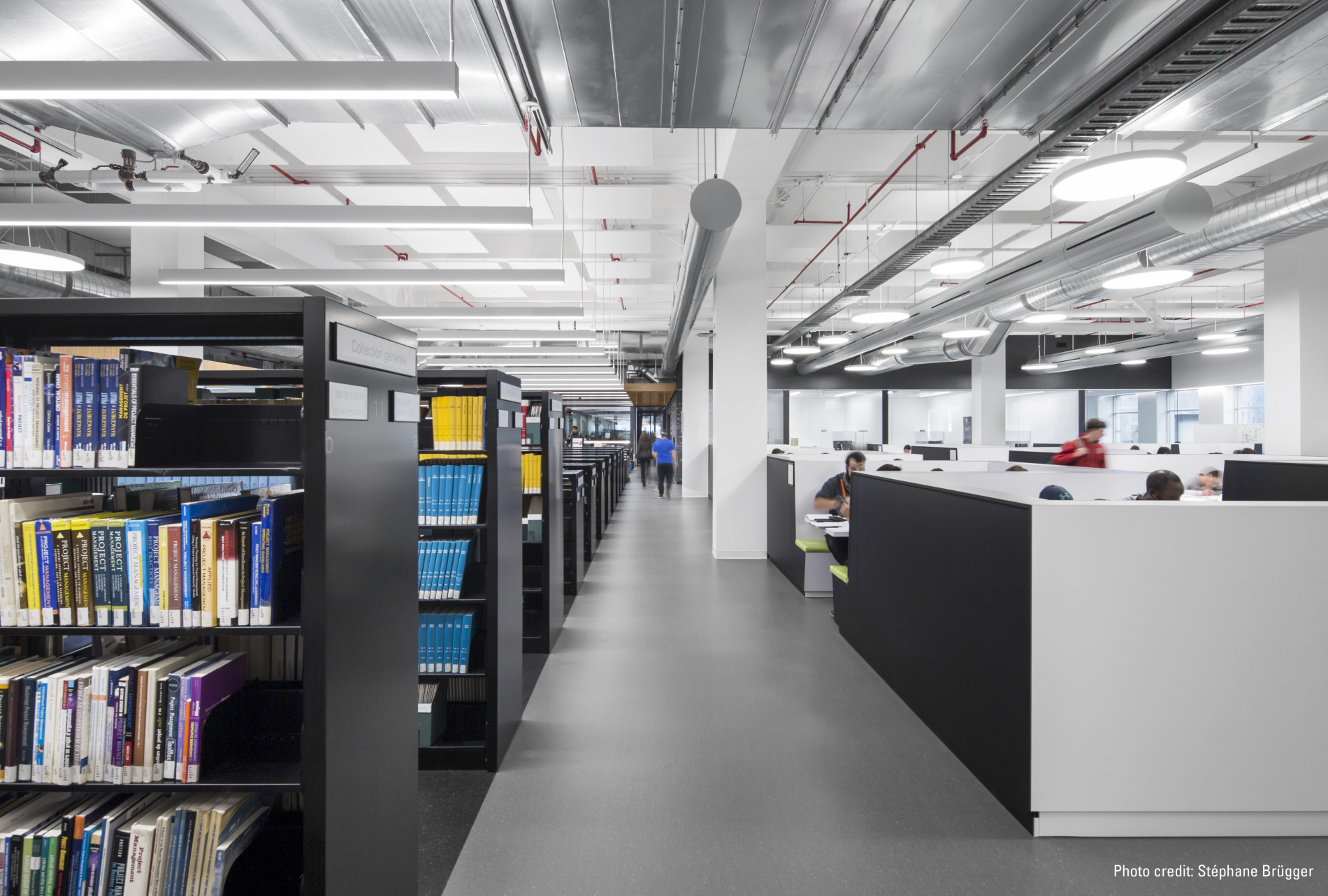 Modern study space featuring shelves of books, collaborative workstations, and a sleek, bright interior design for enhanced learning.