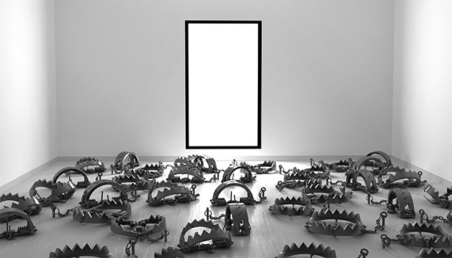 Pièce aux murs blancs avec des pièges à ours éparpillés au sol et un cadre vide au centre.