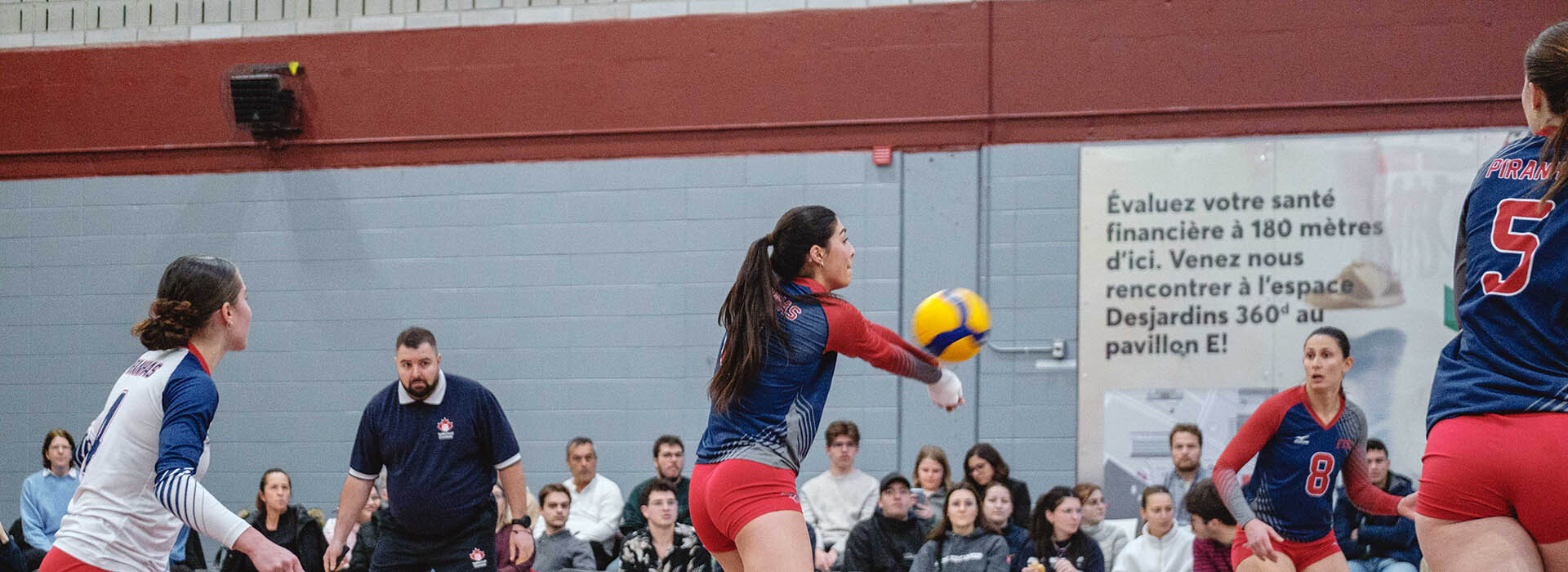 A volleyball team celebrates a point, showcasing teamwork and enthusiasm during a competitive match.