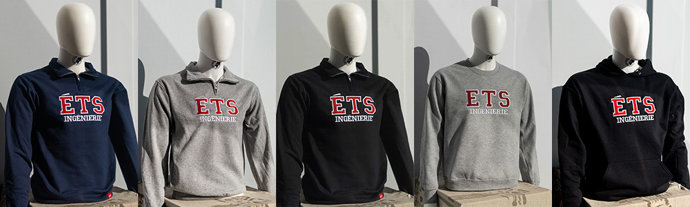 Vêtements aux couleurs de l'ÉTS, alliant confort et style, parfaits pour afficher votre fierté d'ingénieur. Disponibles en plusieurs teintes.