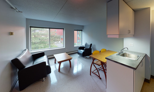 Chambre d'étudiant avec coin cuisine, mobilier moderne et fenêtre avec vue. Lumière naturelle et espace fonctionnel.