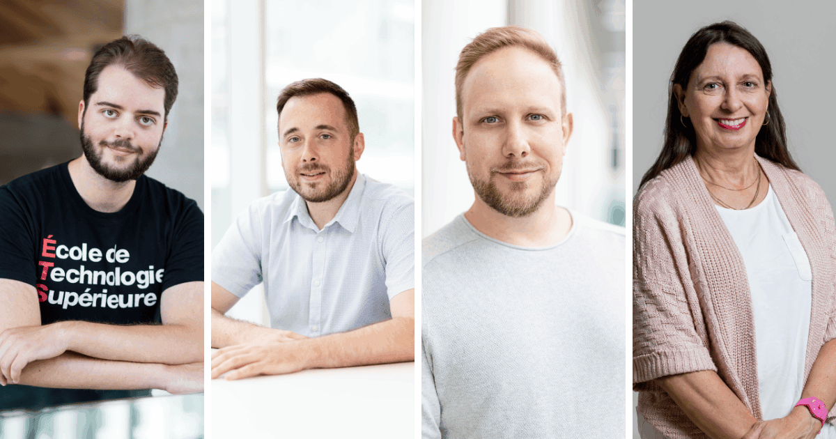 Quatre personnes souriantes représentant l'École de Technologie Supérieure, illustrant la diversité et l'engagement de l'institution.