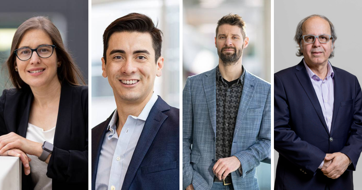 Quatre professionnels souriants, habillés en tenue formelle, incarnant l'expertise et l'innovation en technologie.