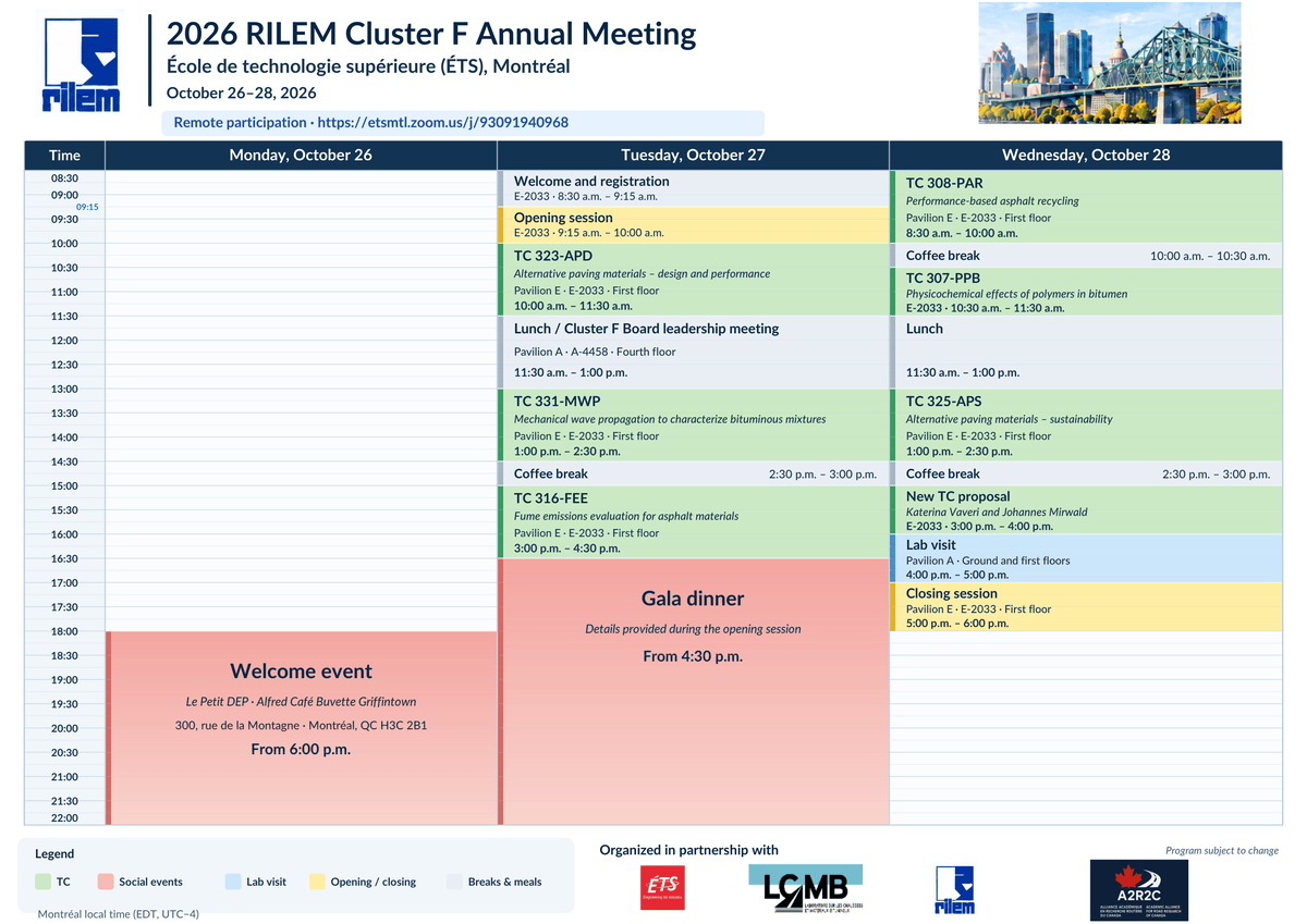 2026 RILEM Cluster F Annual Meeting at ETS, Montreal, from October 26 to 28, with various workshops and social events.