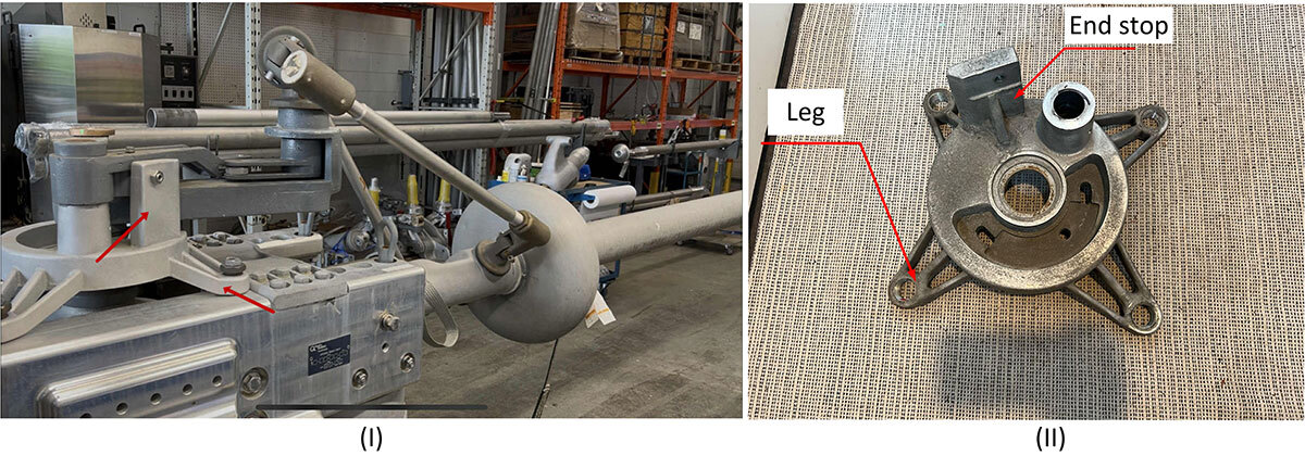 Analysis of mechanical components showcasing a linkage mechanism and a base part labeled with key features for educational purposes.