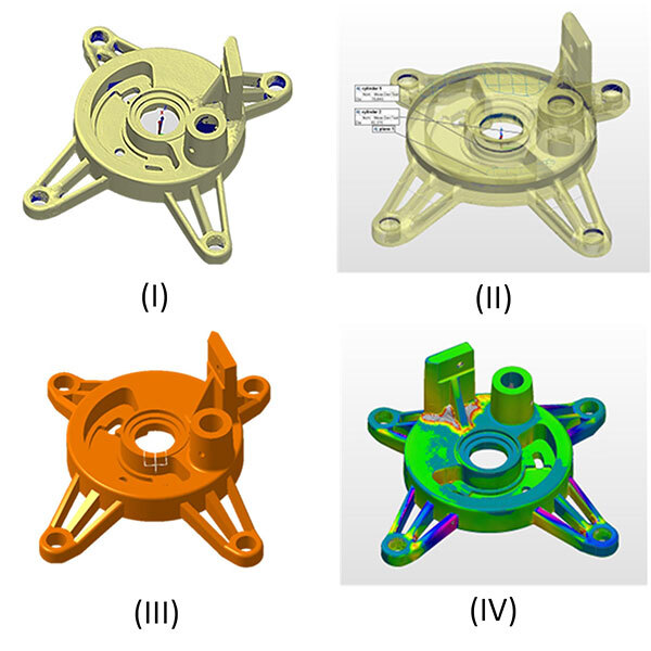 Variation de conceptions 3D d'un composant technique, illustrant différentes étapes de modélisation et d'analyse.