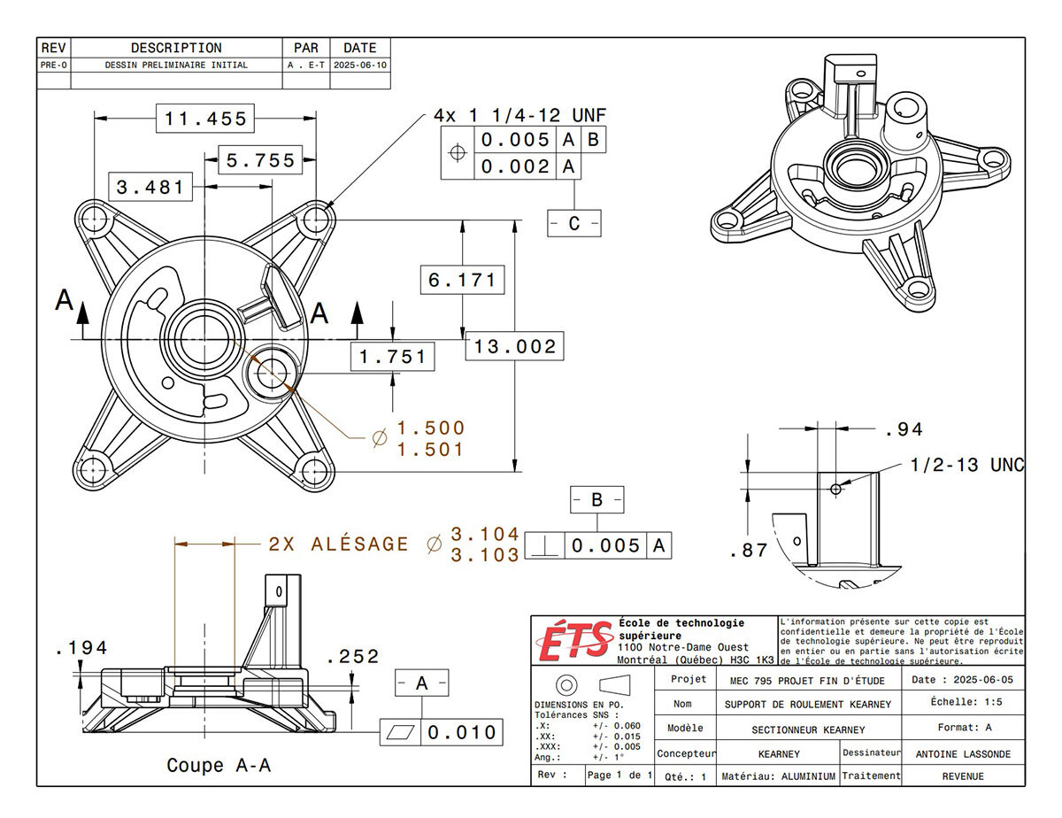 Dessin technique d'un support de roulement, avec cotes détaillées et spécifications pour fabrication en aluminium.