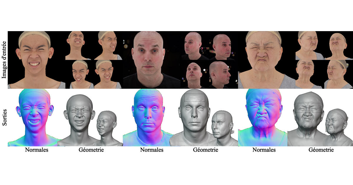 Différentes expressions faciales sont présentées, accompagnées de rendus 3D pour représentation des textures et geometries.