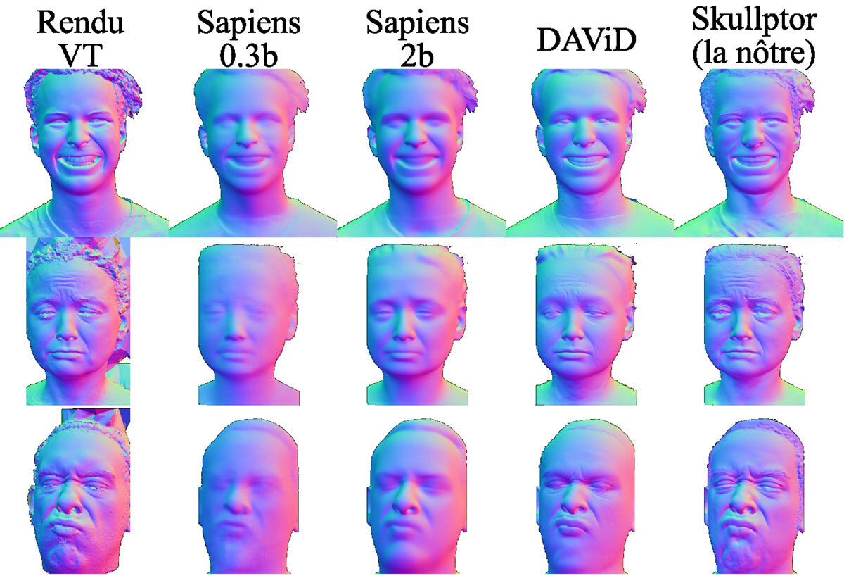 Comparaison de rendus de visages en 3D, illustrant différentes expressions émotionnelles et techniques de modélisation.