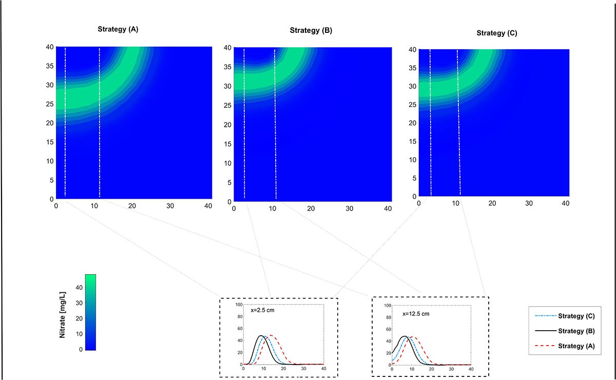 Comparison of nitrate concentration across three strategies, depicted through contour maps and corresponding distribution graphs.