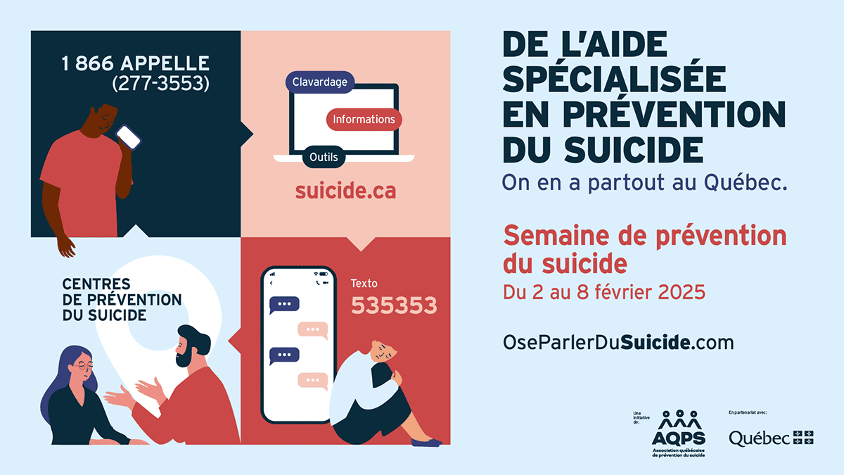 Soutien en prévention du suicide au Québec, semaine du 2 au 8 février 2025. Ressources et aide à disposition.