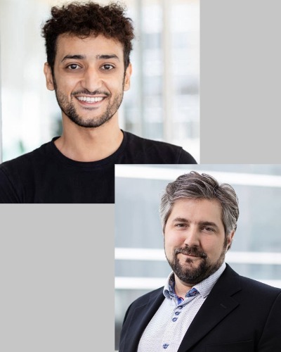 Deux professionnels souriants, affichant des styles vestimentaires différents, symbolisent l'innovation et l'expertise en technologie.