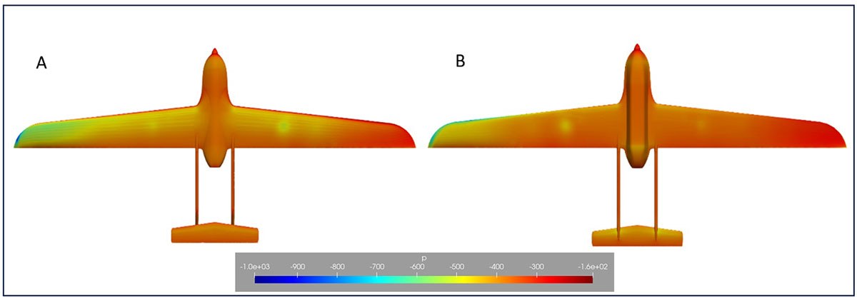 Modélisation d'un aéronef avec visualisation des flux d'air, illustrant les variations de pression autour de la structure.