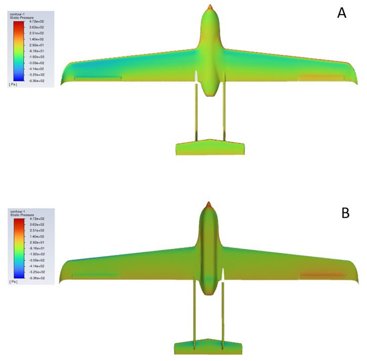 Static pressure contour plots of an aircraft model, highlighting pressure distribution across the wings and fuselage at two different views.