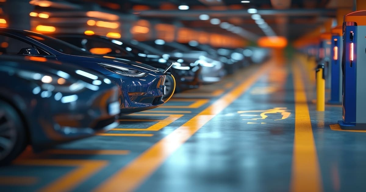 Vecteezy electric cars in a parking lot with charging stations 69063040 1