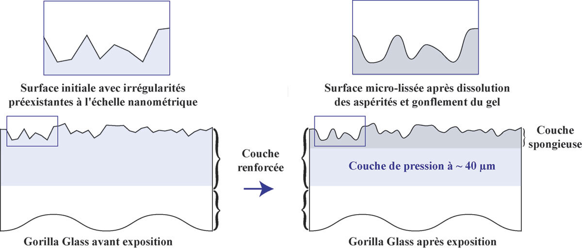 Schéma du Gorilla Glass avant et après exposition : surface micro-lissée et couche de pression d'environ 40 µm.